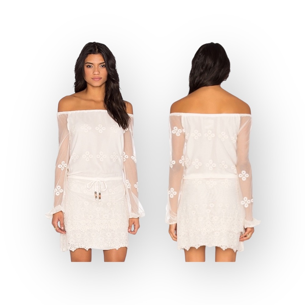 new Chaser ✶ Vintage Inspired Mesh + Lace Off Shouder Mini Dress ✶ Alabaster ✶ - Picture 12 of 16